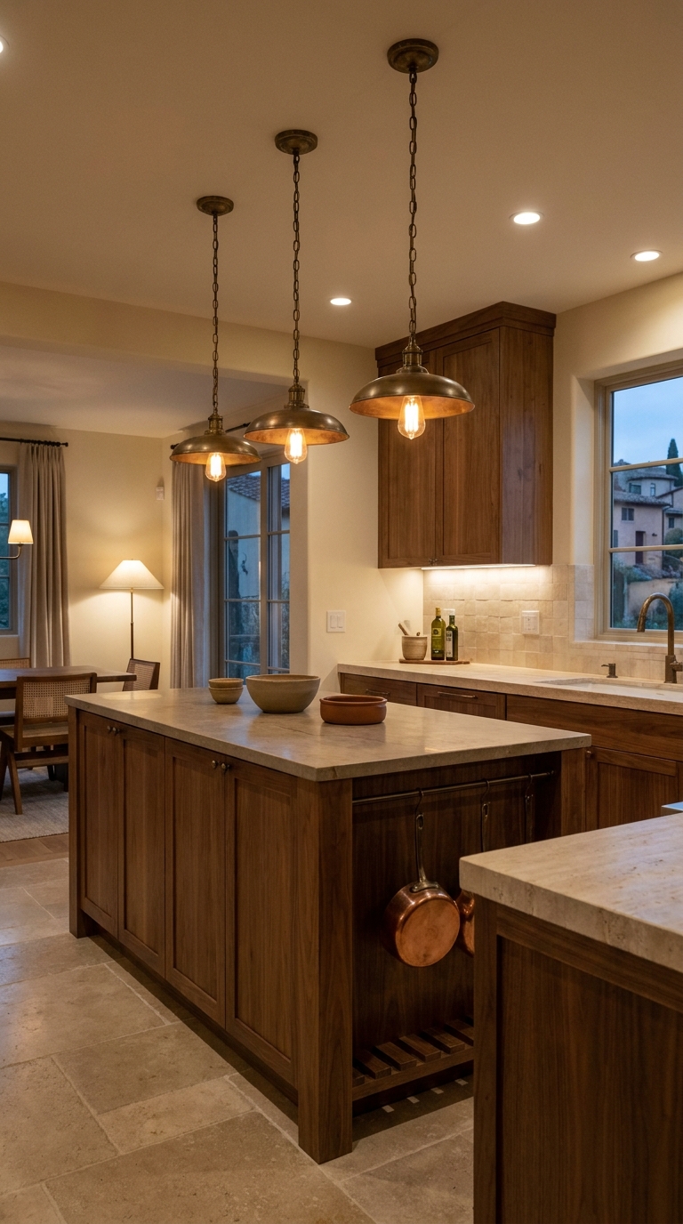 Warm Italian-inspired kitchen illuminated with pendant lights, soft ambient lighting, natural wood, and earthy decor.