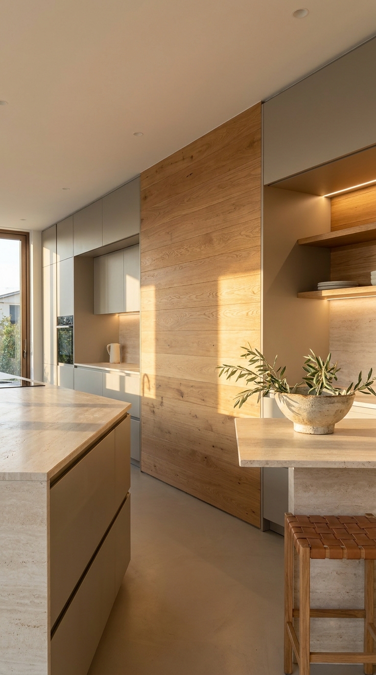 Modern Italian kitchen with honey-toned wood paneling, minimalist cabinetry, and light countertops.