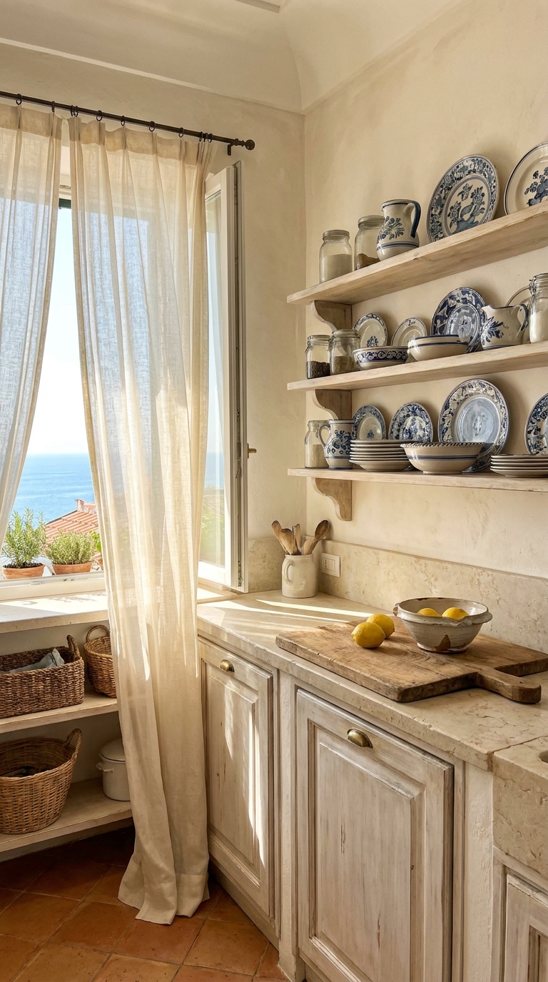 Bright Southern Italian coastal kitchen with whitewashed wood, light stone surfaces, linen curtains, and blue ceramic accents.