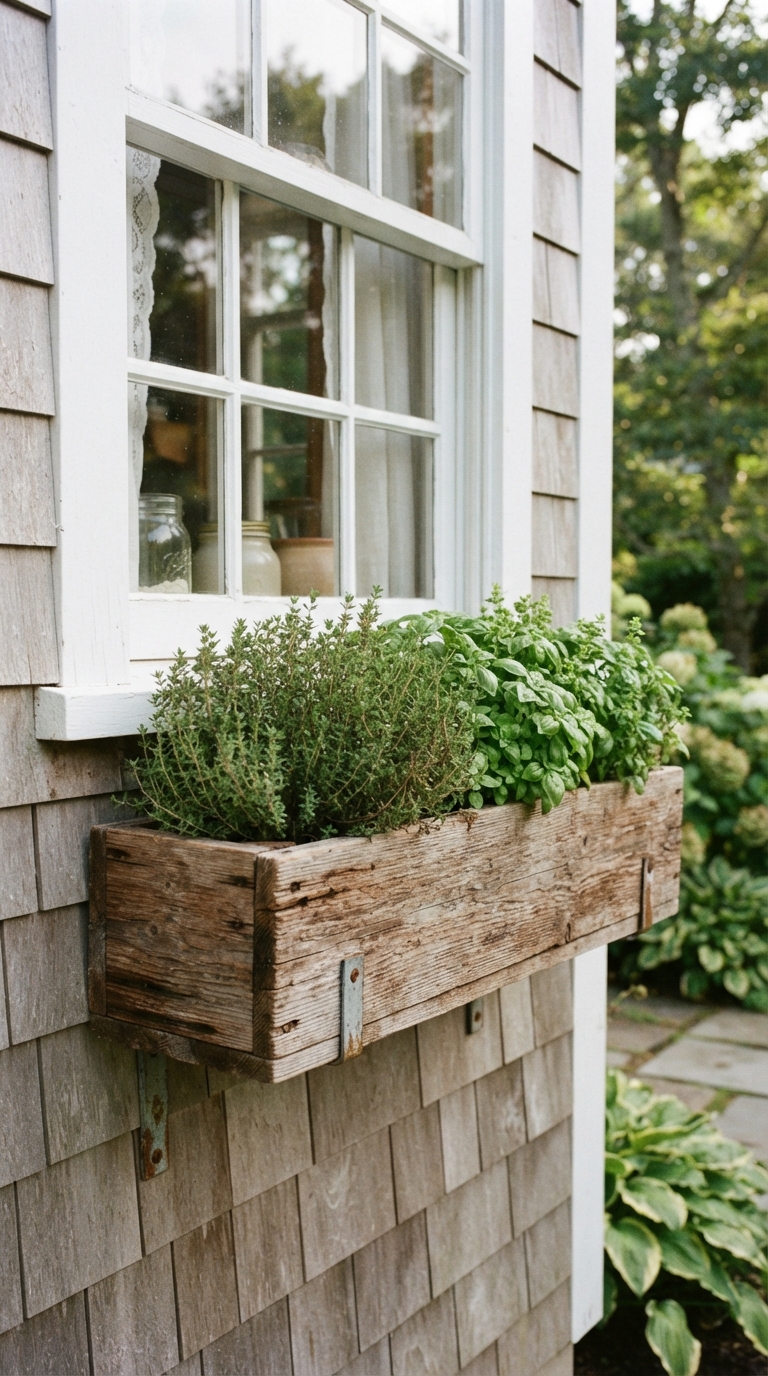 Wood window box herb garden with thyme and basil mounted below a kitchen window