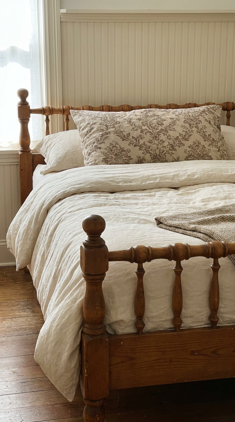 Wooden spindle bed frame against beadboard paneling with cream bedding