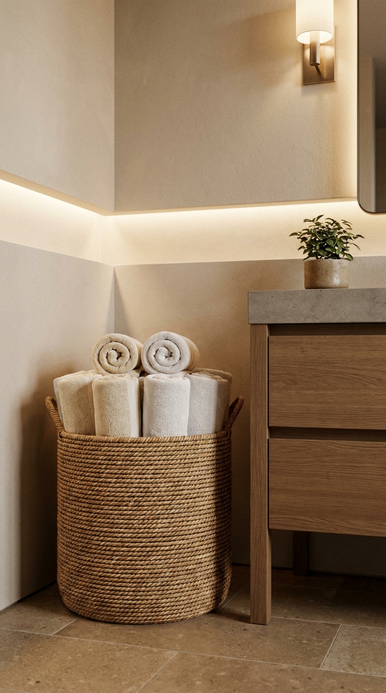 Rolled towels stored upright in a natural woven basket in a bathroom