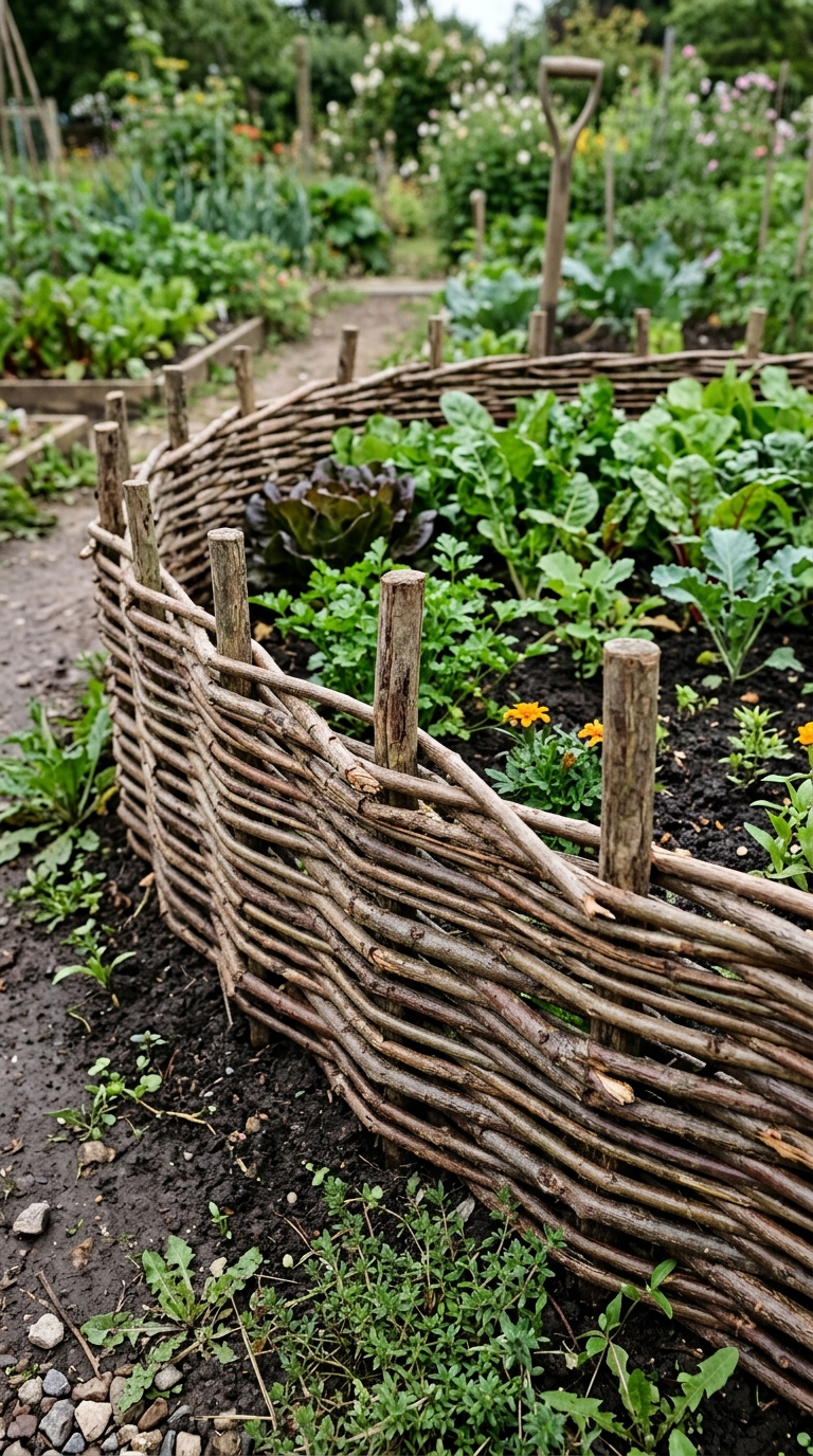 Woven willow branch edging around a potager garden bed