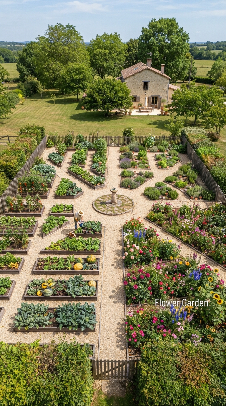 Large zoned backyard potager with separate vegetable, herb and flower areas